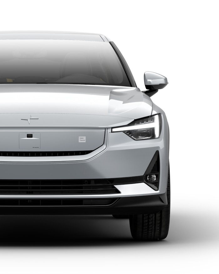 A front view of the Polestar 2 with a light metallic grey exterior.