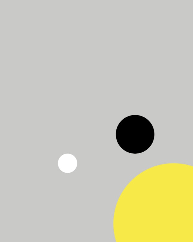 Grey background holding three circles in white black and yellow