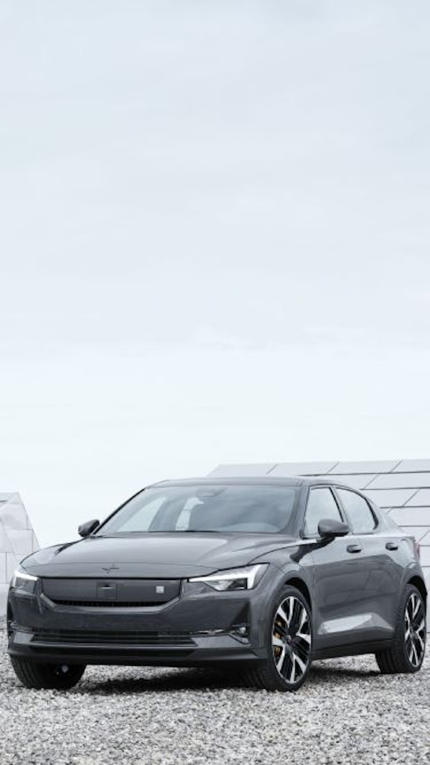 Thunder grey Polestar 2 in a concrete setting