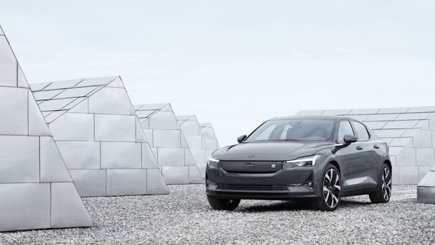 Thunder grey Polestar 2 in a concrete setting