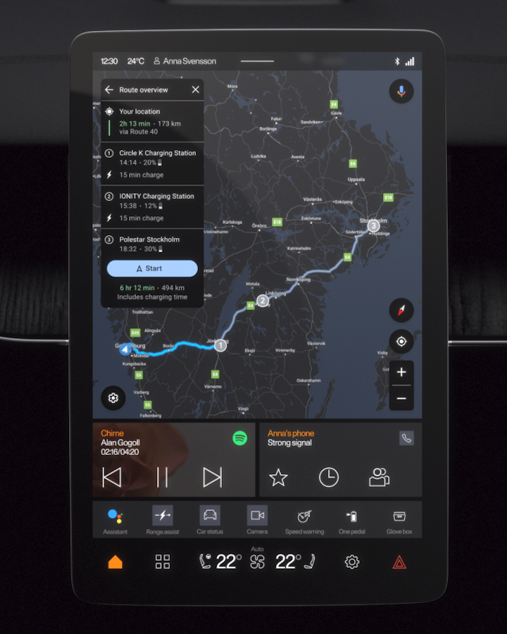 Polestar 3, range and charging intelligent route planning shown on center display