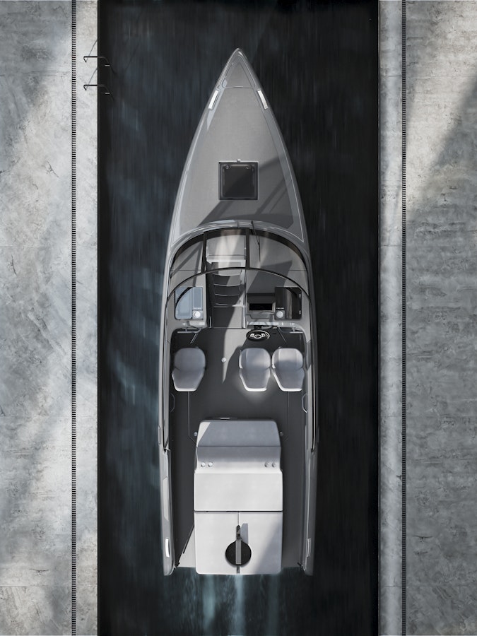 Grey open boat with three seats