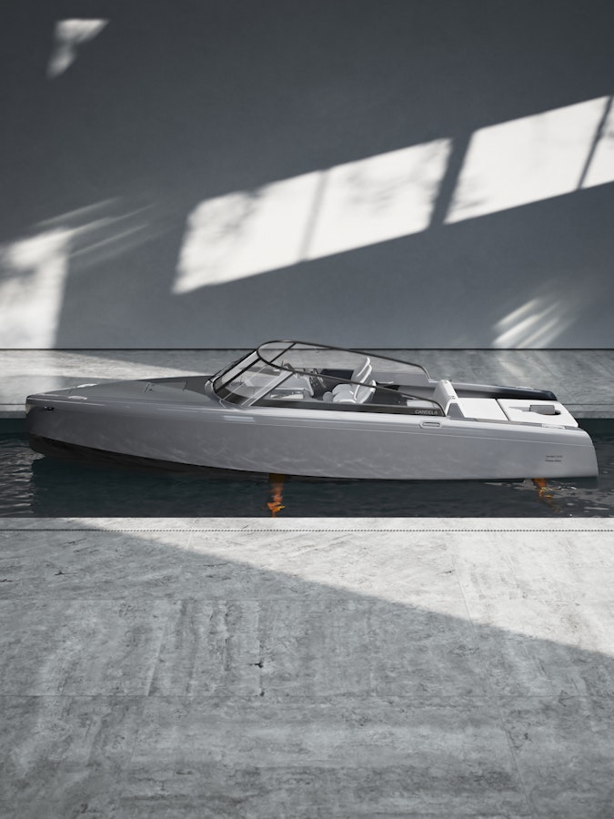 Grey boat with golden foils under water