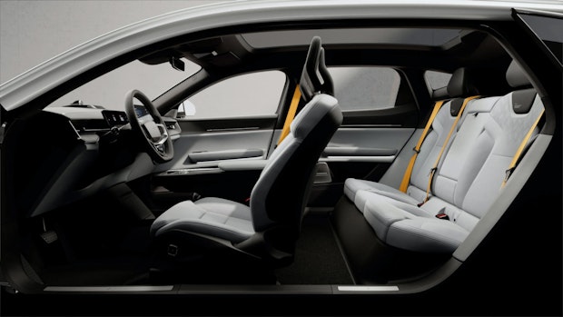 Inside of Polestar shown from the side. Light upholstery