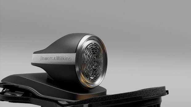 Black Bowers and Wilkins speaker. Grey background