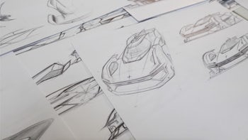 Futuristic Polestar car sketches, black on white paper.