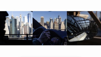 Collage of skylines viewed from inside Polestar cars.