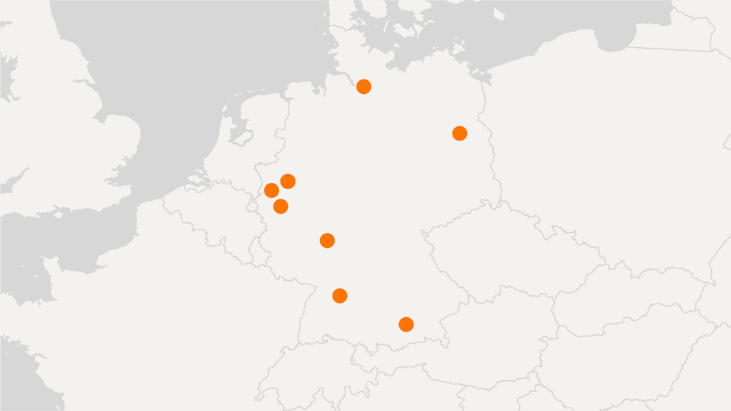 Map of Germany with Polestar locations indicated as orange dots