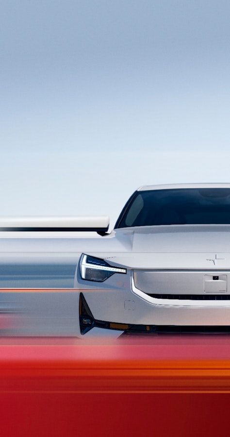 Polestar 2, front view in white. Motion blur below in red, middle blue and clear skies above.