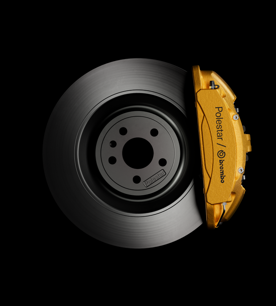 Black and yellow Brembo brake on black background