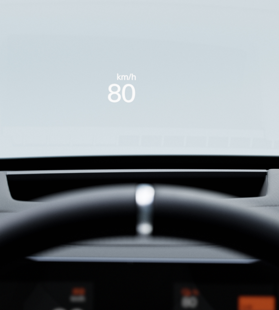 Black head-up display showing the speed on the Polestar 4 windshield