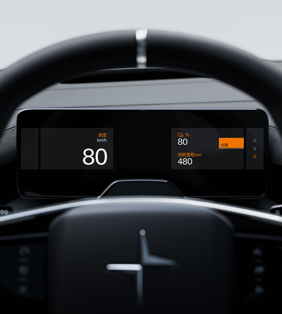 Focus on the driver display. Seen through the steering wheel