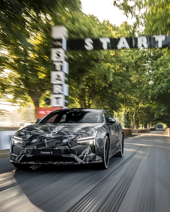 Polestar 5 climbing the hill at Goodwood Festival of Speed 2022.