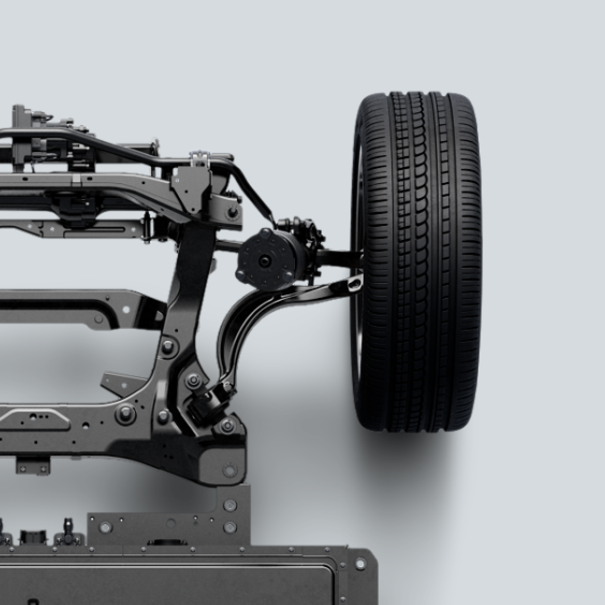 wheels and frame of a Polestar seen from above against a white background