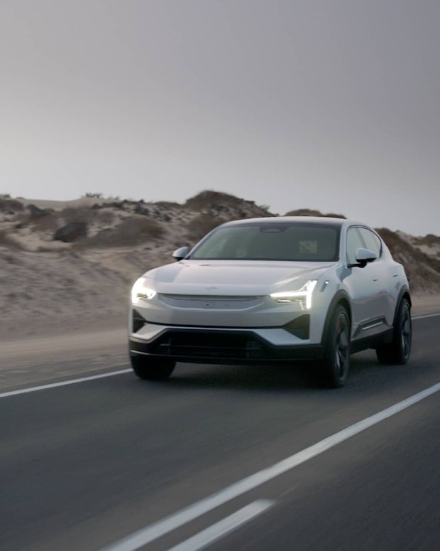 Front view of a Polestar 3 in motion