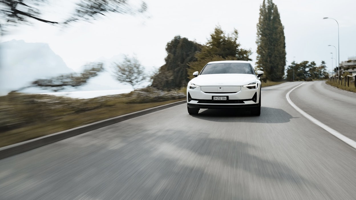 Front of Polestar 2 driving quickly