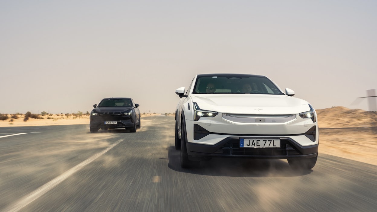 Front view of two Polestar 3 driving down a road