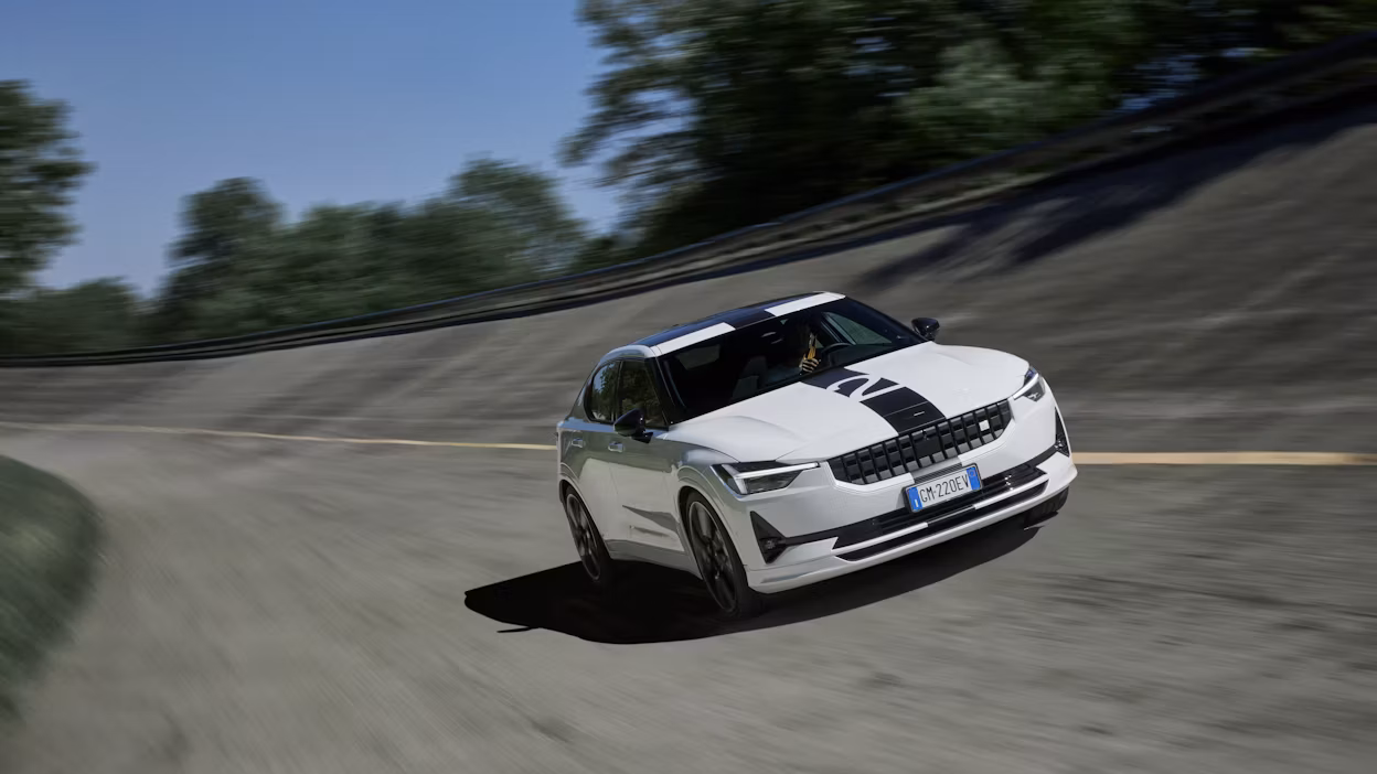 Front shot of Polestar 2 BST edition 230 on the circuit