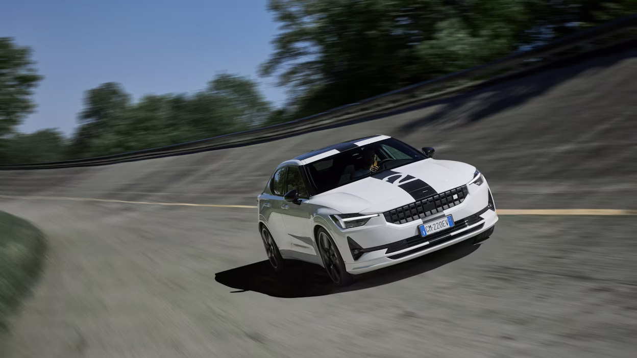 Front shot of Polestar 2 BST edition 230 on the circuit