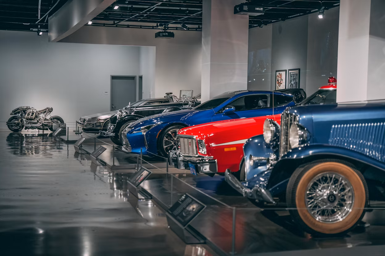 Line-up of cars inside the Peterson Automotive Museum.