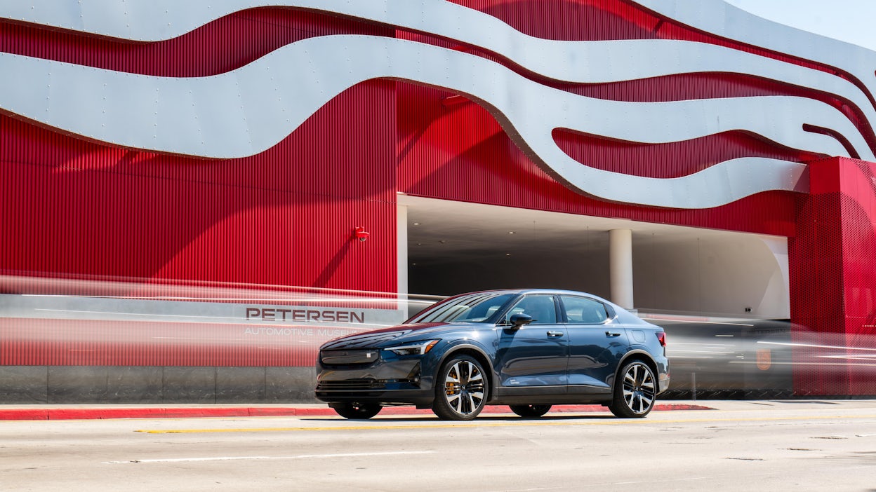 Polestar 2 outside the Petersen Automotive Museum.