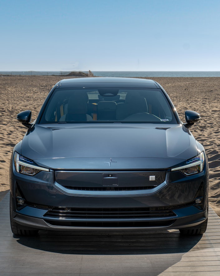 Front-end of Polestar 2 at Santa Monica Beach.