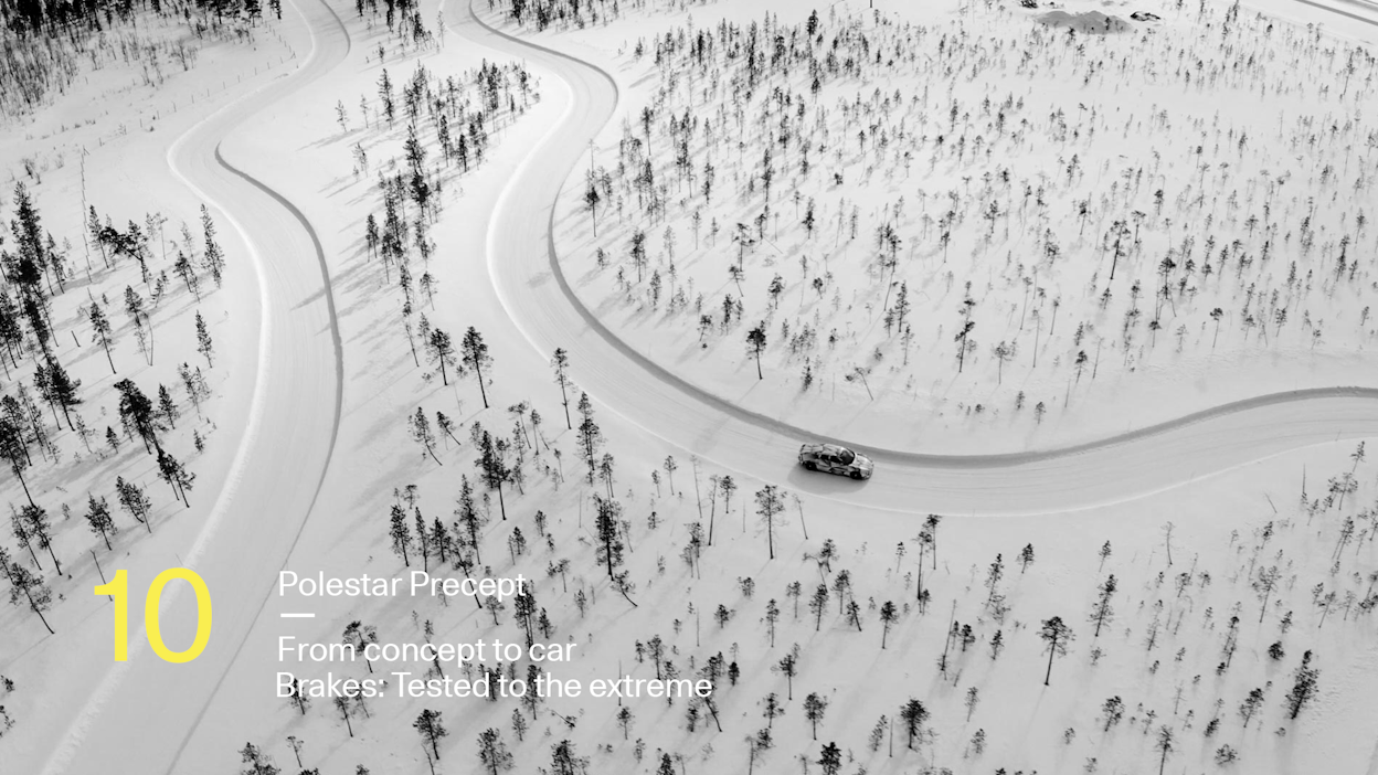 Bird's-eye view of a Polestar driving in a snowy landscape.