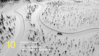 Bird's-eye view of a Polestar driving in a snowy landscape.