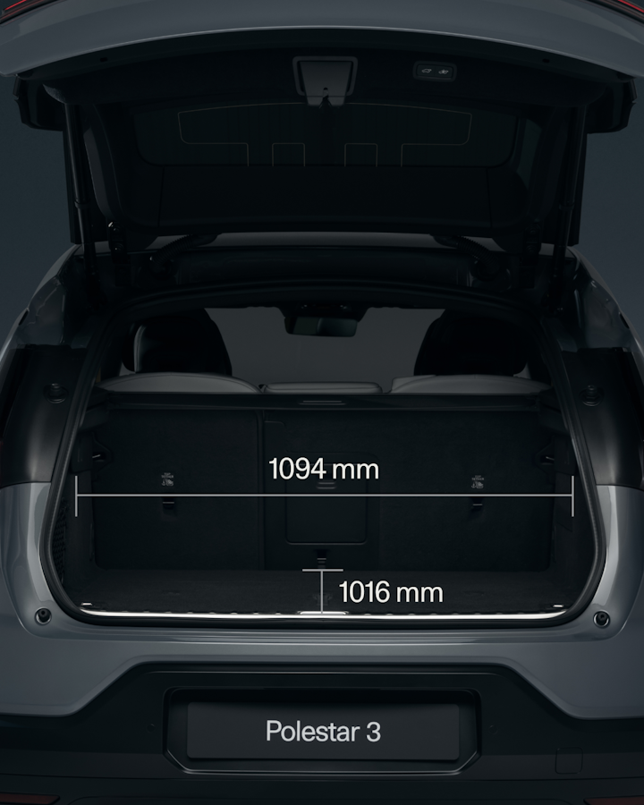 Back of the car showing the measurement of the luggage compartment.