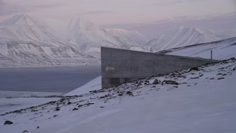 Concrete building in Arctic landscape