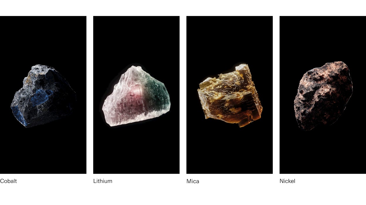 Line-up of risk materials Cobalt, lithium, mica and nickel.