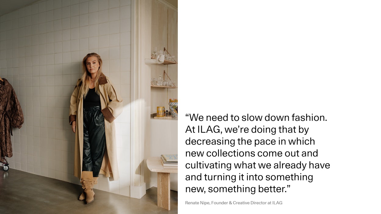 Renate Nipe photographed standing agains a white brick wall, with a quote next to the photo.