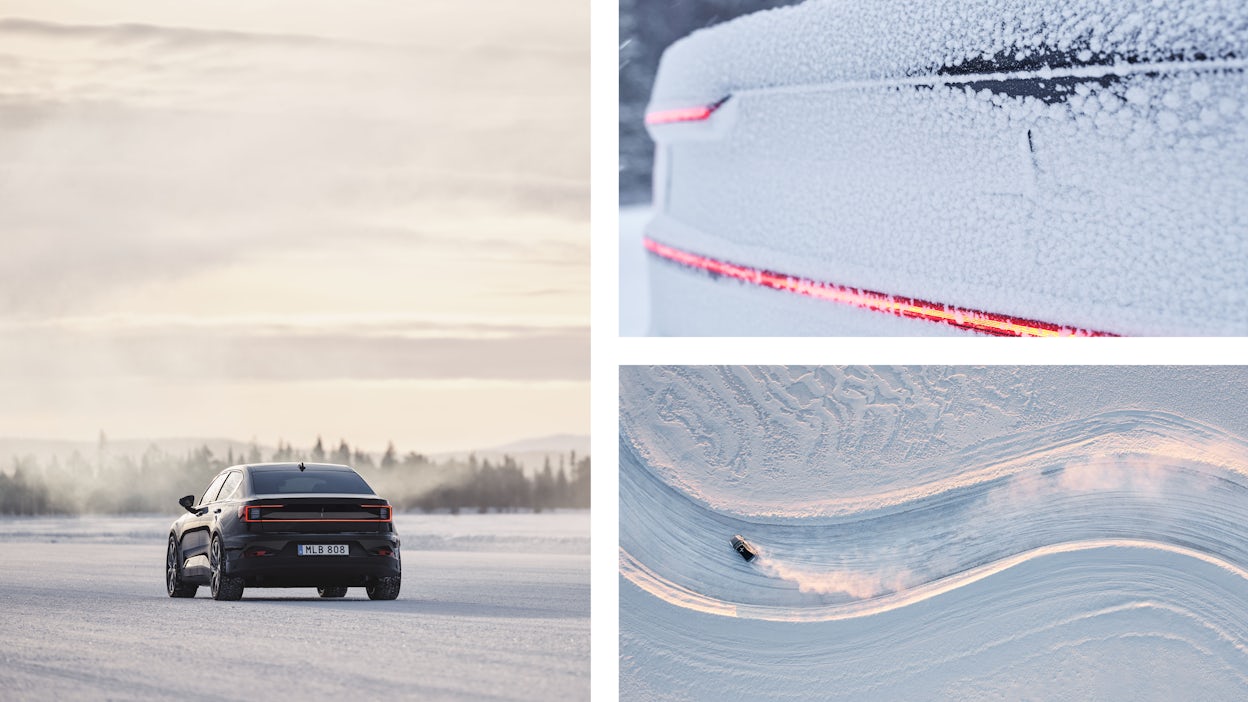Collage with pictures featuring a black Polestar driving in snowy conditions.