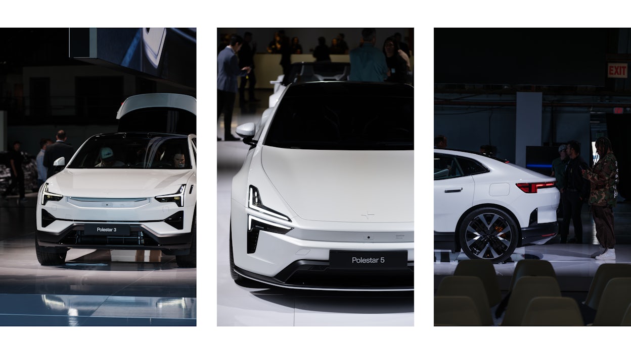 Front view of Polestar 3 and Polestar 5 as well as rear-view from the side of Polestar 4