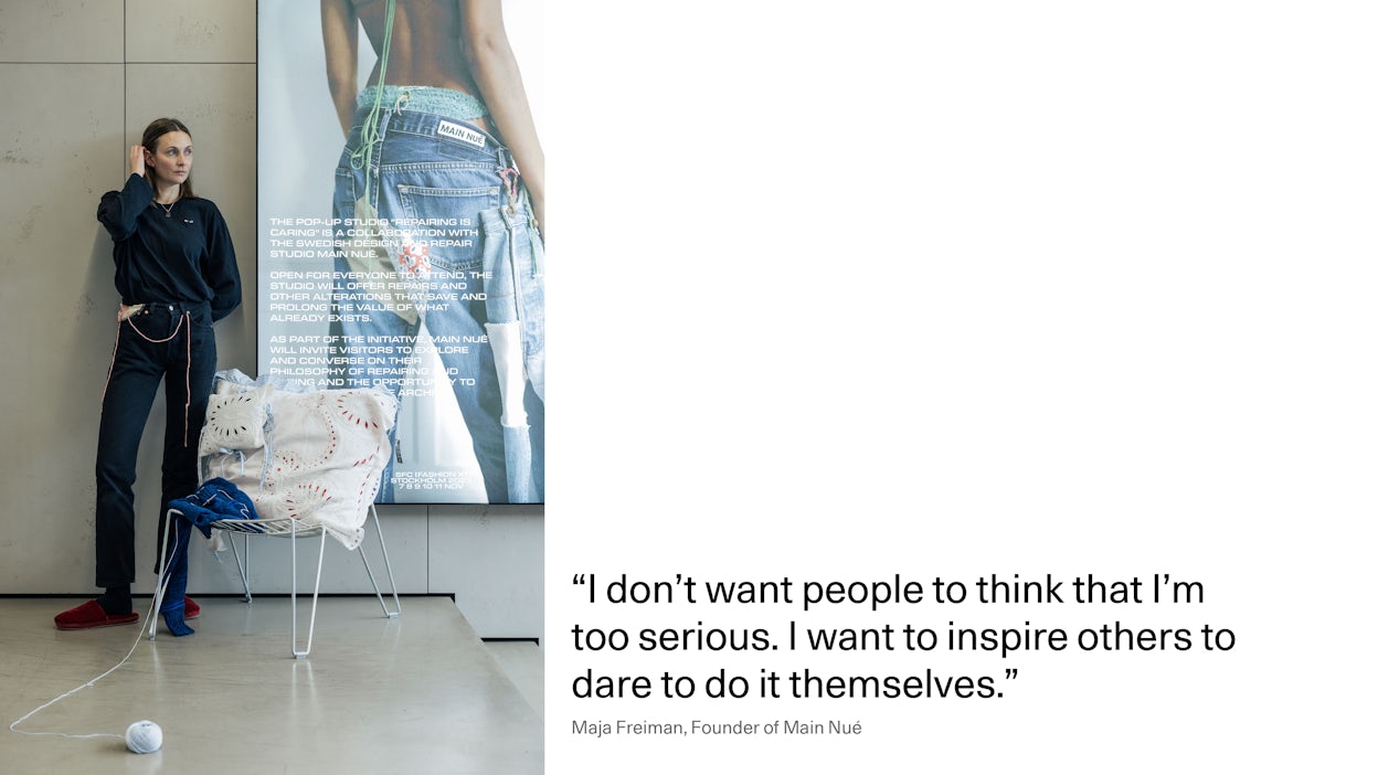 Maja Freiman standing infront of a sign inside the Polestar Space which explains the event