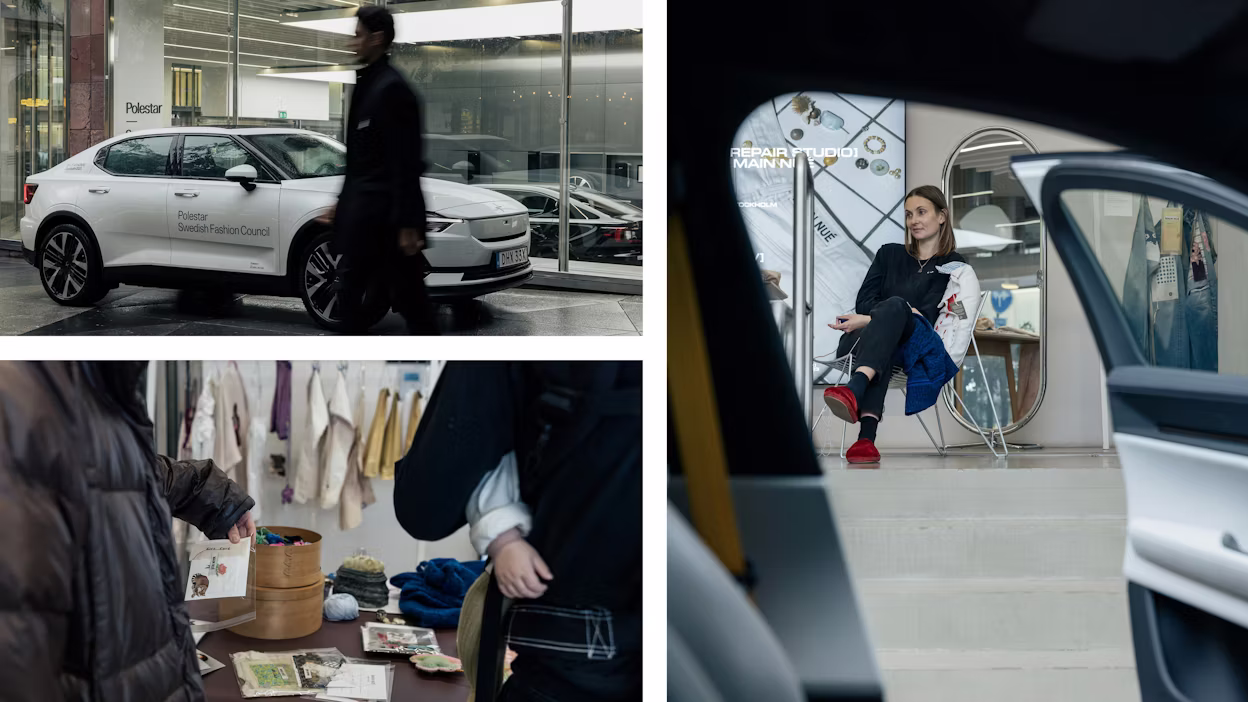 Three picture collage of a Polestar 2 outside the Space, Maja sitting on a chair, and a guest checking out the products