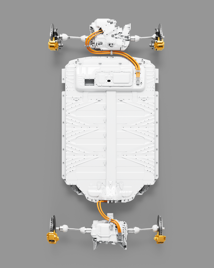 Polestar 3 technical overview of the platform of the car with the two motors in place. 3D representation.