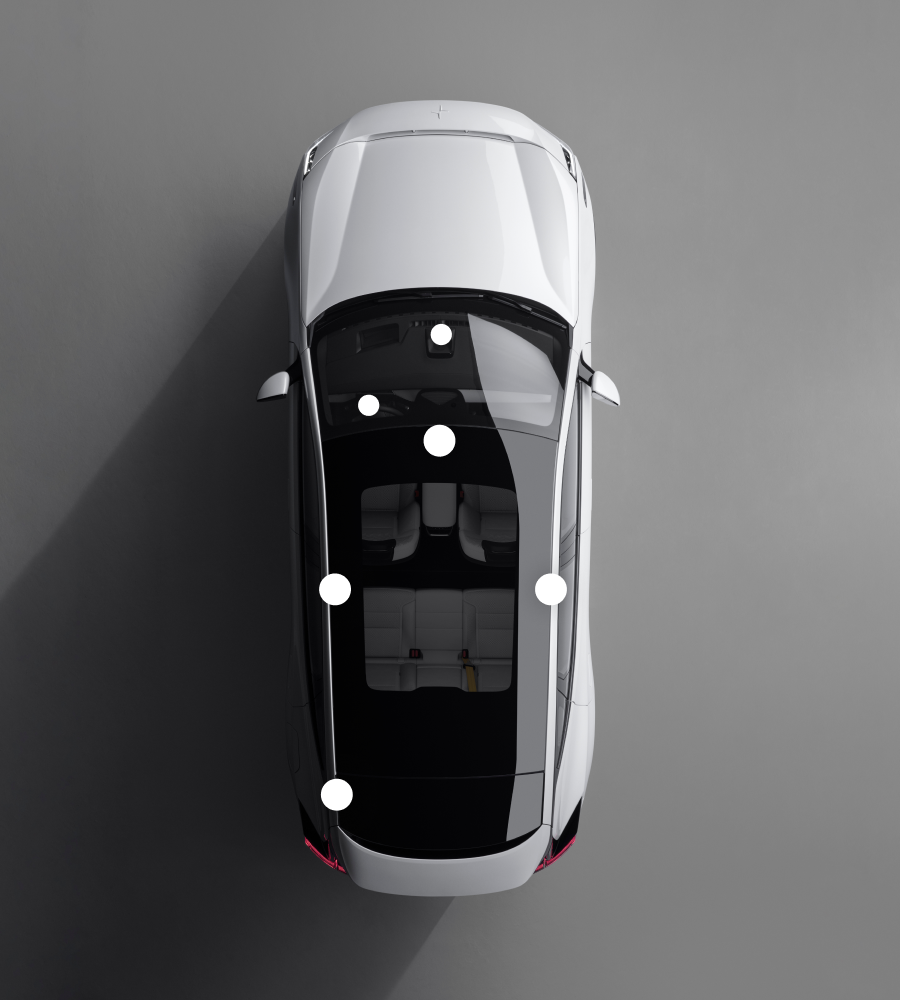 Polestar 3 seen from above with white marks indicating the interior radars and cameras.