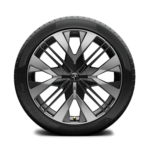 Polestar car wheel with black and silver spokes and visible tire tread.
