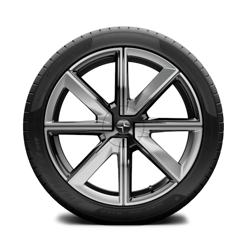 Polestar car wheel with five-spoke design and visible tire tread.