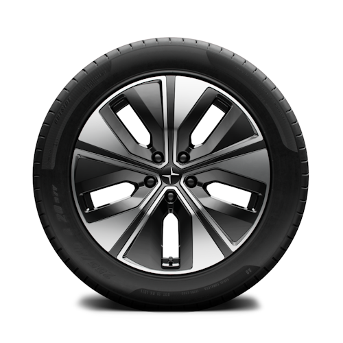 Polestar car wheel with five-spoke design and black tire.