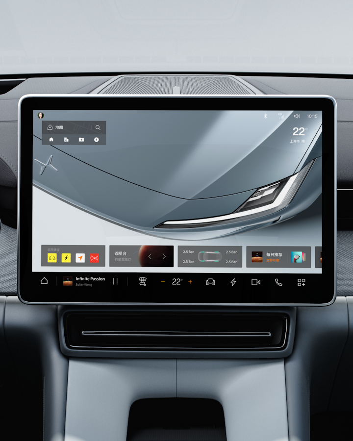 The dashboard, focus on steering wheel and centre display.