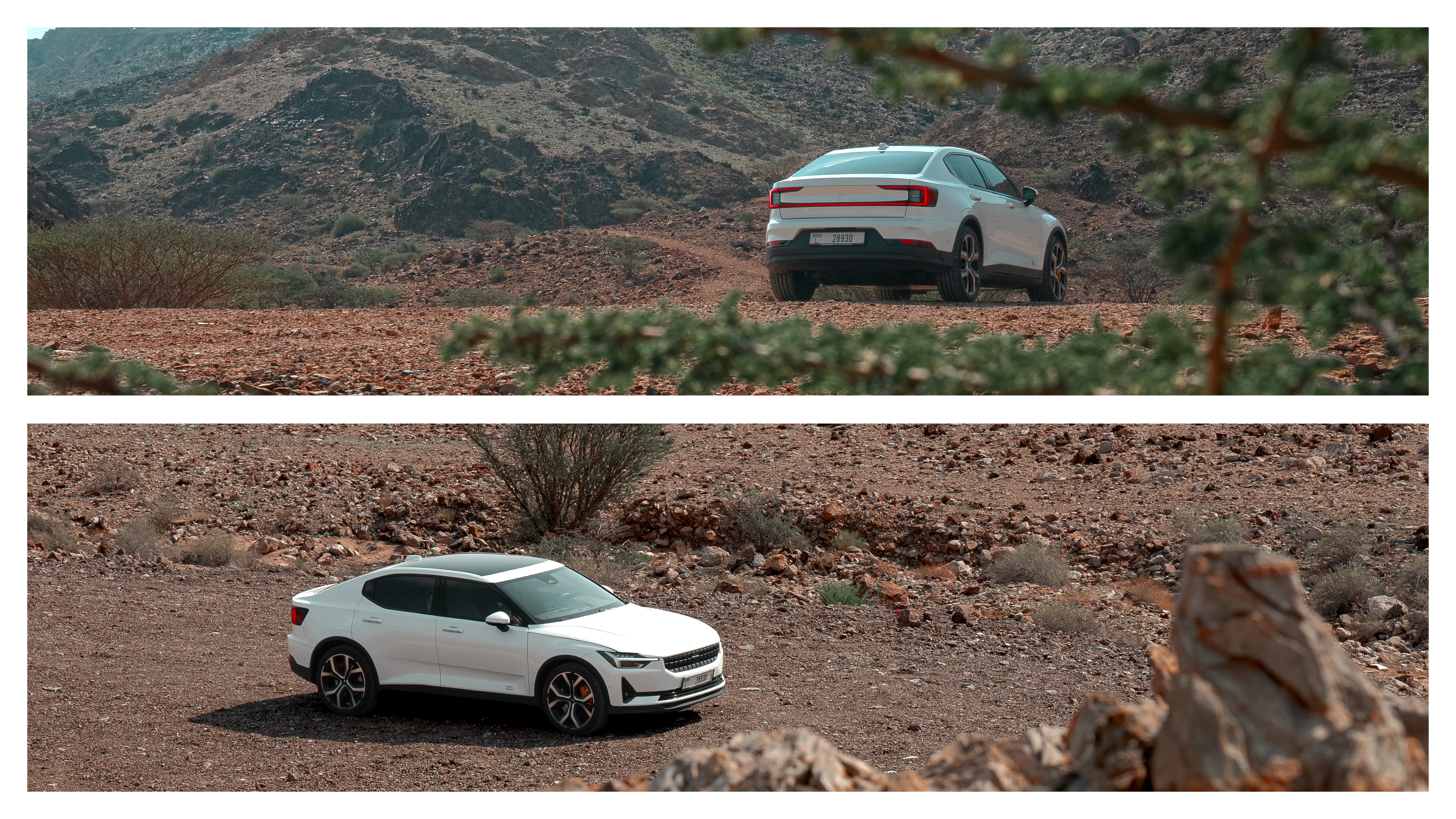 Polestar 2 in the Hajar mountains sourrounded by rock and sand.