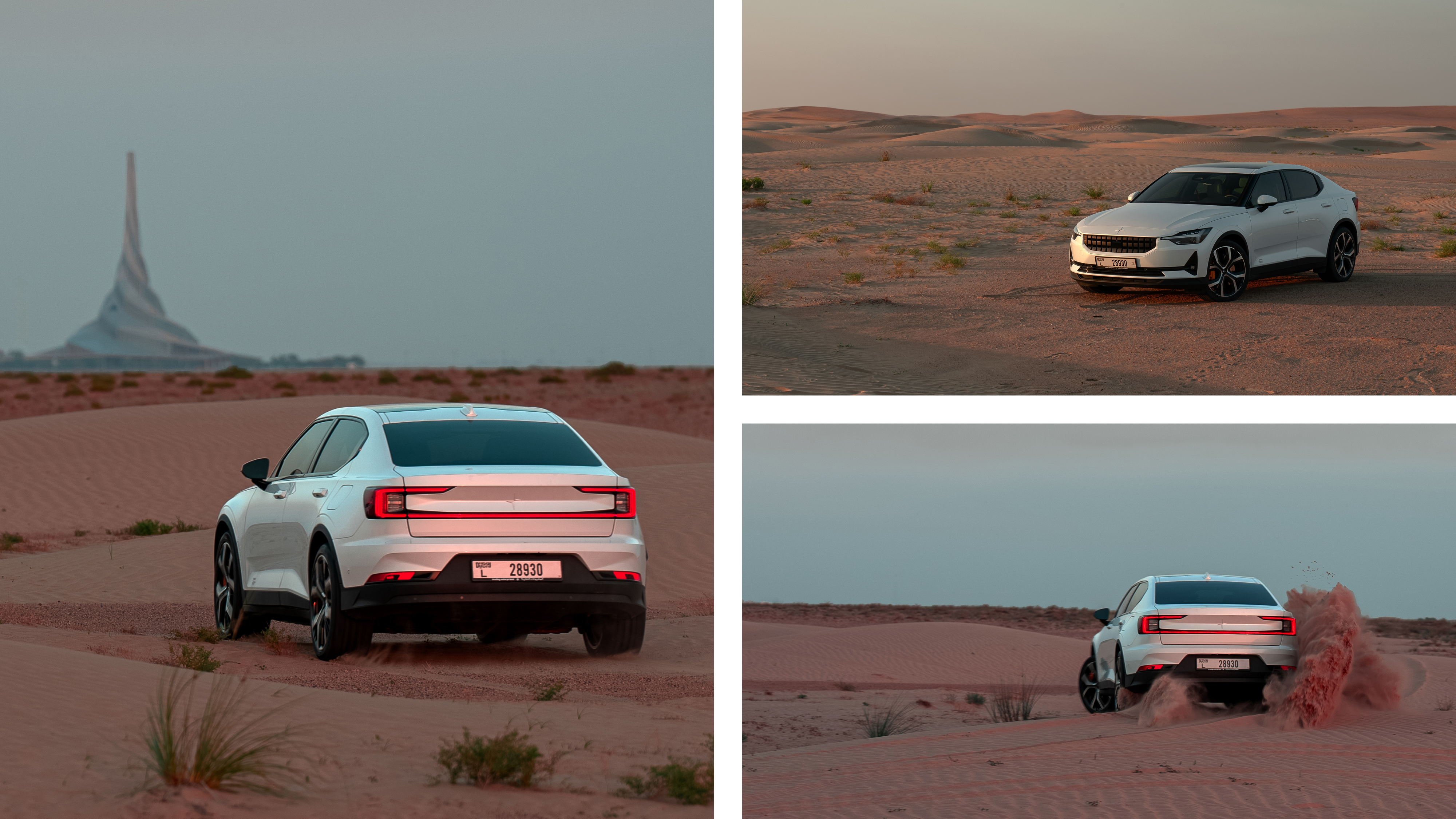 Three images of the Polestar 2 drifting in the desert.