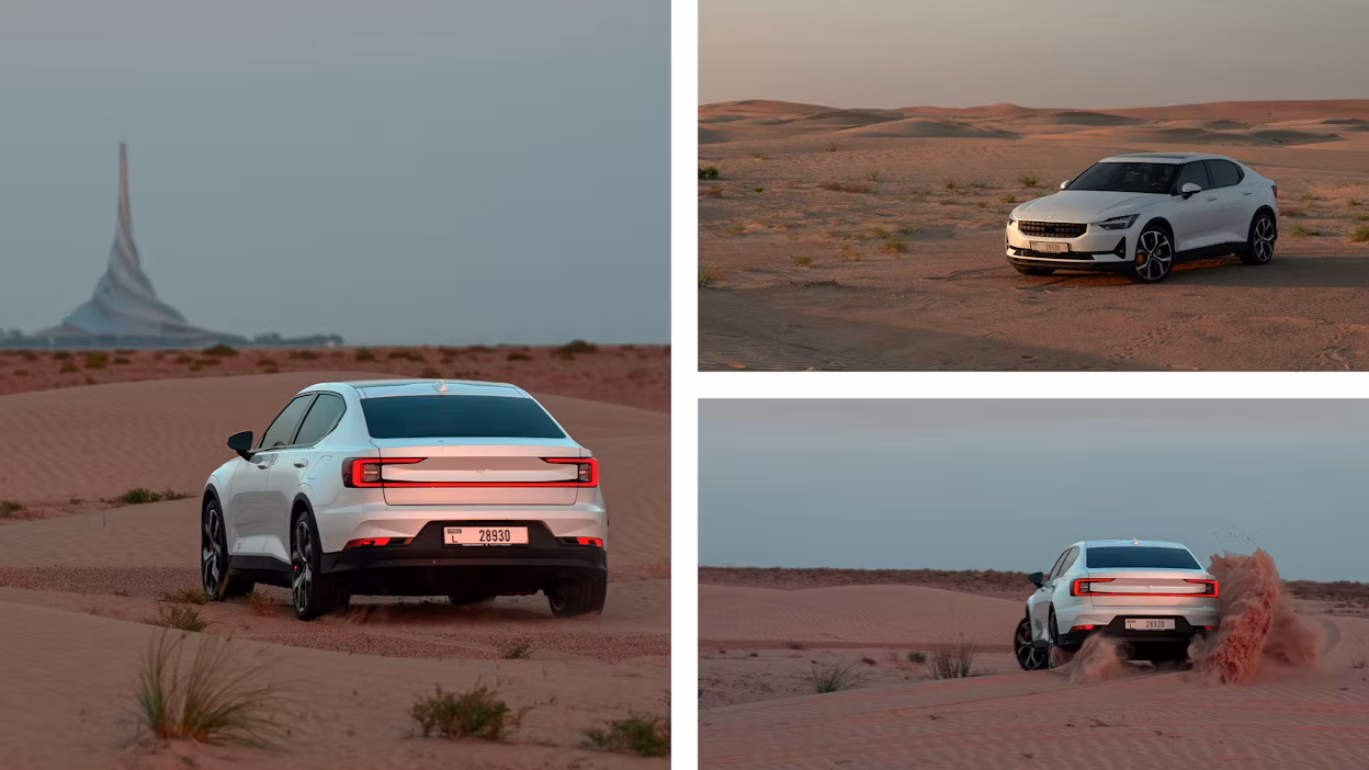 Three images of the Polestar 2 drifting in the desert.