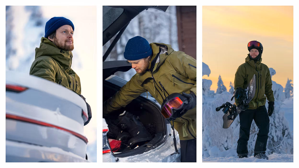 Canvas of images of Antti Autti with his Polestar 2 and walking with his snowboard in the snow.