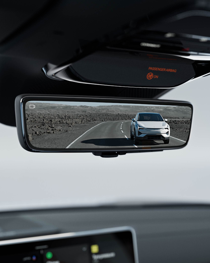 8.9-inch HD rear view mirror display showing a car driving in a dessert looking environment