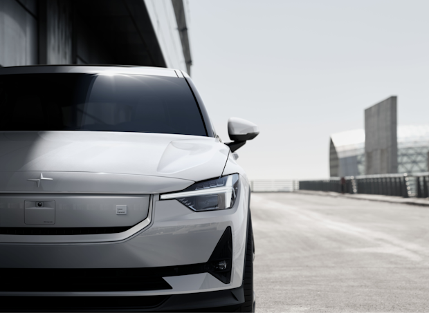 Close-up of the front of a white Polestar 2.