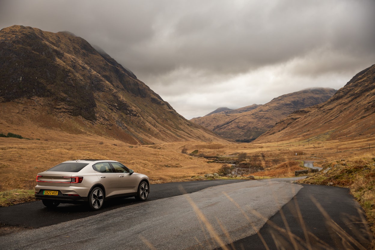 The upgraded Polestar 2 on Scottish roads.