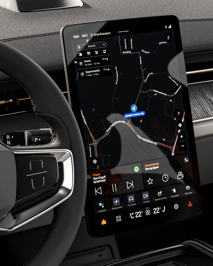 Steering wheel, main centre display and controls.